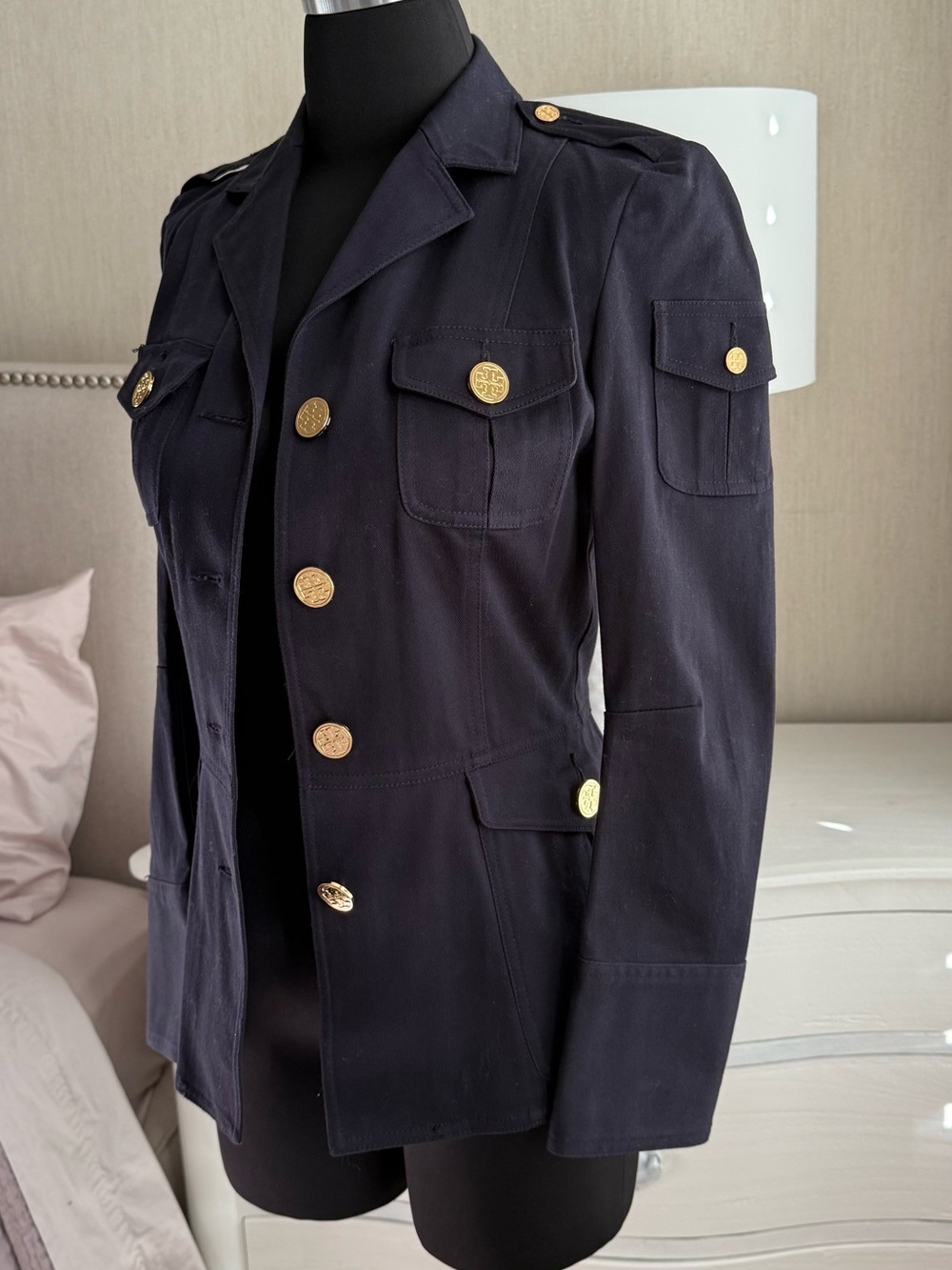 Tory Burch military utility blazer in cotton spandex. Navy blue size 2.